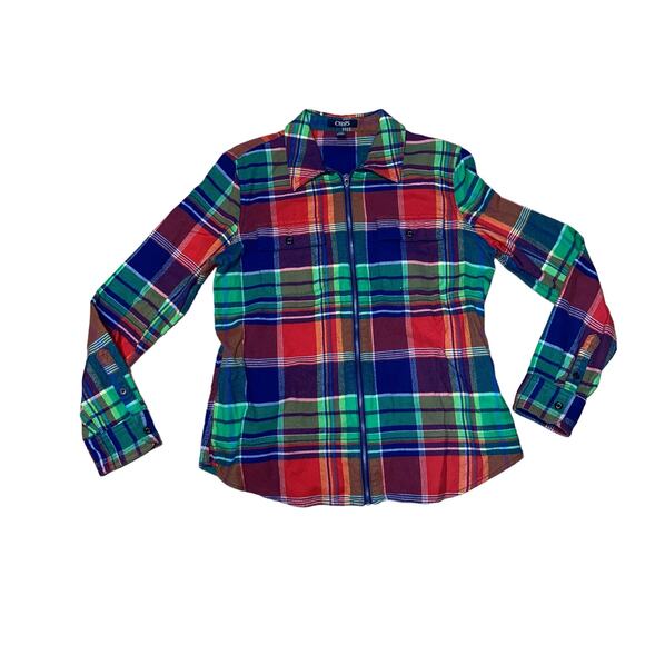 Chaps Women’s Multicolor Plaid Zip Up Long Sleeve Shirt Jacket Size Medium - Picture 1 of 8
